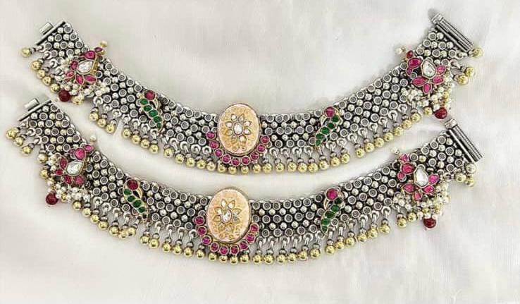 jadau stone silver payal