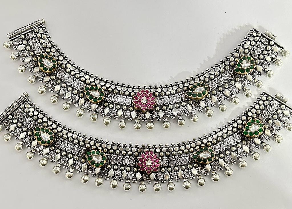 jadau stone silver payal