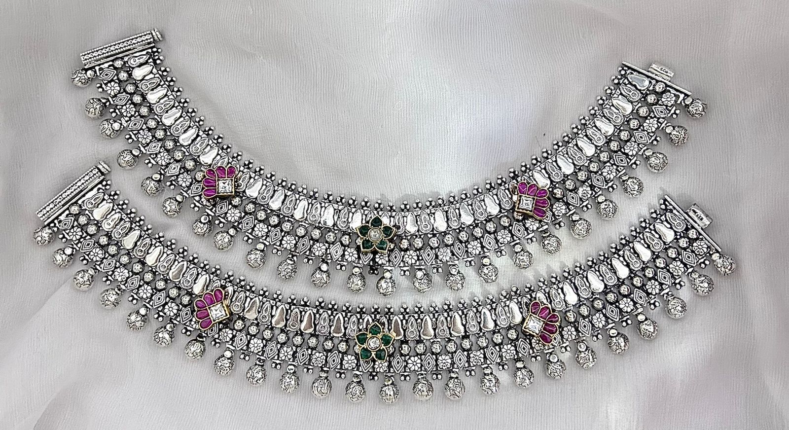 jadau stone silver payal